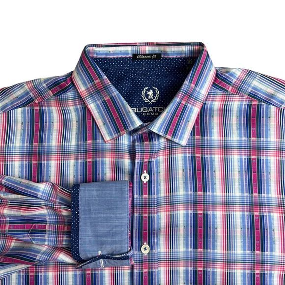 Bugatchi Mens Multicolor Plaid Long Sleeve Flip Cuff‎ Button Up Shirt Large - Picture 1 of 5